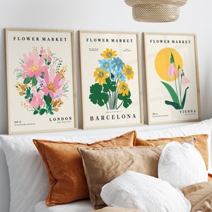 Set Of 3 Flower Market Prints, Plant Art, Minimalist, Modern Floral Design, Botanical, Colourful, Living Room/Bedroom