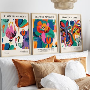 Set Of 3 Abstract Flower Market Prints, Colourful Floral Art, Gallery Wall, Living Room Posters/Bedroom/Kitchen