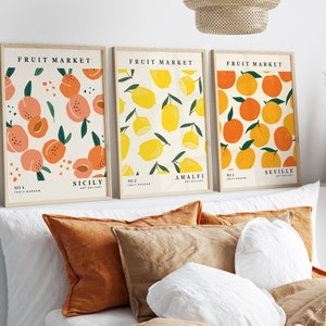 Set Of 3 Kitchen Fruit Prints, Orange, Peach, Lemon, Citrus Wall Art, Fruit Market, Gallery Wall, Living Room/Dinning Room