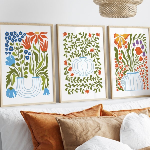 Set Of 3 Potted Plant Prints, Botanical Art, Colourful Scandinavian Design, Gallery Wall, Living Room/Bedroom/Kitchen