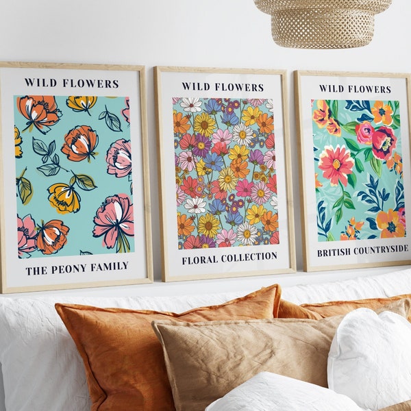 Set of 3 Colourful Wild flowers, Plant decor, Gallery Wall Art, Illustration, Botanical Prints, A5/A4/A3/A2/A1/5x7/4x6