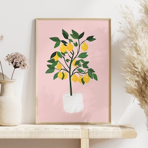 Pink Lemon Tree Print, Galeriewand, minimalistische Kunst, Lemon Art, Citrus, Küche, Wohnzimmer, Schlafzimmer, Pflanzendrucke