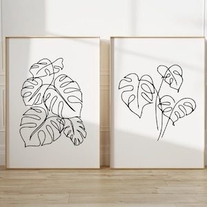 Set Of Two Monstera Leaf Print, Black And White Line Drawing, Botanical Plant Art, Home Decor, Living Room, Bedroom