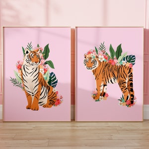 Set Of 2 Pink Tiger And Flowers Prints, Jungle Plant Art, Animal, Colourful, Floral, Gallery Wall, A5/A4/A3/A2/A1/4x6/5x7