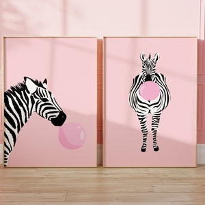 Set Of 2 Pink Zebra Prints, Animal Wall Art, Fun Wall Poster, Kids Room, Colourful, Living Room, A5/A4/A3/A2/A1/4x6/5x7 image 1