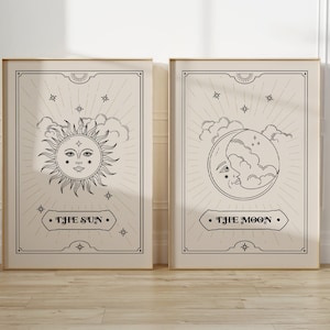 Sonne und Mond Poster, Set mit zwei himmlischen Drucken, Galeriewand, Tarot-Kunst, neutrale Farben, Wohnzimmer, A5/A4/A3/A2/A1/4x6/5x7
