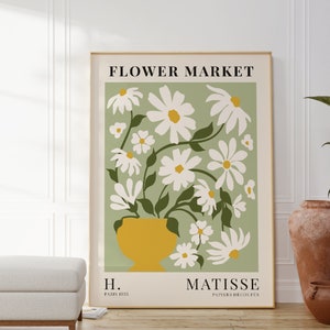 Impresión de flores blancas en jarrón amarillo inspirada en Henri Matisse, arte floral moderno, arte de pared de Matisse, estilo bohemio, sala de estar, dormitorio, cocina