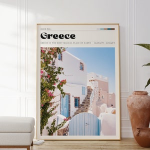 Greece Print, Travel Poster, Retro Art, Kitchen, Holiday Art, Photograph, Gift For Her, Personalised Gift, Flowers, Tranquil