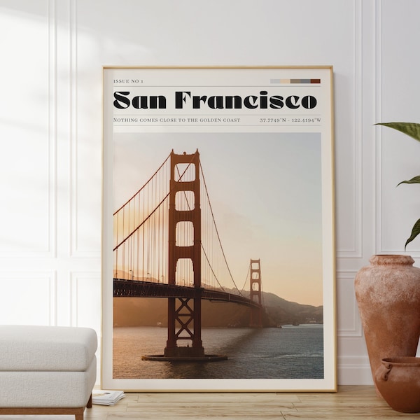 San Francisco Druck, Golden Gate, Reiseposter, amerikanische Kunst, Vintage, Geschenk für Sie, personalisiertes Geschenk, Wohnzimmer Wandkunst