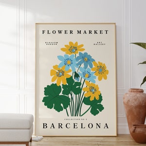 Flower Market Barcelona Poster, Gallery Wall, Blue and Yellow Flower Prints, Plant Poster, Boho Home Decor, Living Room
