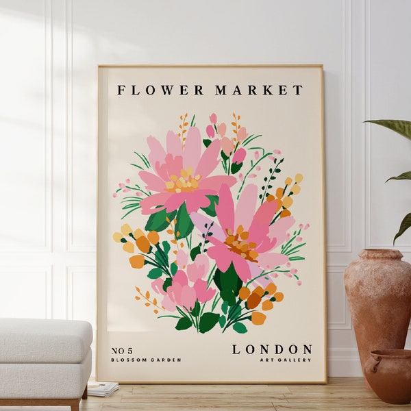 Affiche du marché aux fleurs de Londres, impressions de fleurs roses, art mural végétal, décoration d'intérieur bohème, cadeau pour un ami, salon, chambre à coucher