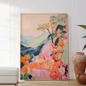 Oranges Print, Colourful, Kitchen Wall Art, Citrus, Mountains, Home Decor, Pink, Blue, Living Room Art, Gallery Wall, Landscape Art
