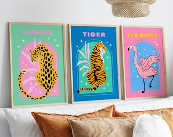 Set Of 3 Colourful Animal Prints, Leopard, Tiger, Flamingo Wall Art, Kids Room, Girls Room, Safari, Jungle Art, Bedroom