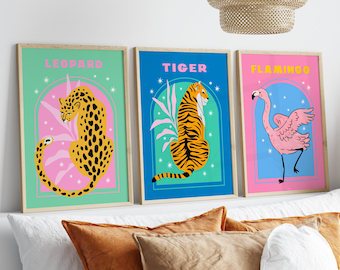 Set Of 3 Colourful Animal Prints, Leopard, Tiger, Flamingo Wall Art, Kids Room, Girls Room, Safari, Jungle Art, Bedroom