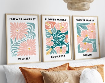 Set Of 3 Flower Market Prints, Floral Scandinavian Art, Modern Botanical Set, Gallery Wall, Living Room/Bedroom/Kitchen