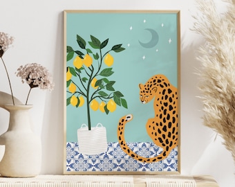 Leopard and Lemon Tree Print, Gallery Wall, Animal Decor, Lemon Art, Citrus, Kitchen, Living Room, Bedroom, Plant Prints