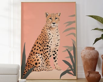 Stampa leopardo rosa, arte da parete con animali, poster della giungla tropicale, arredamento tranquillo e rilassante, soggiorno, arredamento per bambini, arte da parete della galleria
