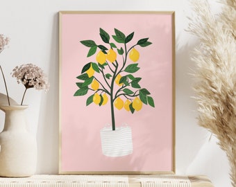 Stampa albero di limone rosa, Galleria a parete, Arte minimalista, Arte del limone, Agrumi, Cucina, Soggiorno, Camera da letto, Stampe vegetali