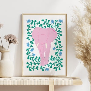 Pink Elephant And Flowers Print, Animal Print, Kids Wall Art, Girls bedroom prints, Living Room, Colourful Poster image 1