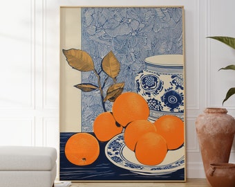 Oranges And Blue Vase Print, Blue Wall Art, Citrus, Kitchen Wall Art, Food Poster, Gallery Wall Art, Modern Poster, Minimalist