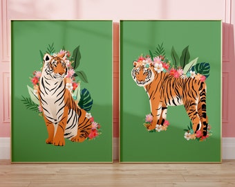 Set Of 2 Green Tiger And Flowers Prints, Jungle Plant Art, Animal, Colourful, Boho, Gallery Wall, A5/A4/A3/A2/A1/4x6/5x7