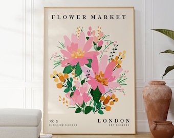 Flower Market London Poster, rosa Blumendrucke, Pflanzenwandkunst, Boho Home Decor, Geschenk für Freund, Wohnzimmer, Schlafzimmer