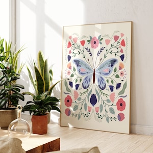 Butterfly and Flowers Print, Pastel Colours, Living Room, Nursery, Bedroom, Nature Inspired, Floral, A5/A4/A3/A2/A1/5x7/4x6