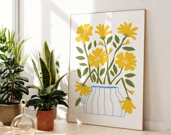 Yellow Flowers And Blue Plant Pot Print, Plant Art, Galley Wall,  Scandinavian Design, Boho Wall Decor