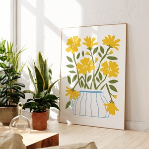 Yellow Flowers And Blue Plant Pot Print, Plant Art, Galley Wall,  Scandinavian Design, Boho Wall Decor