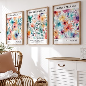 Henri Matisse Inspired Watercolour Flower Market Print Set of 3, Colourful Floral Artwork, Botanical Wall Art, Floral Art Set