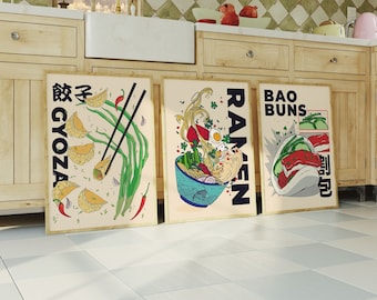 Set Of 3 Food Prints, Noodles, Asian Food Poster, Ramen, Gyoza, Kitchen Wall Art, Modern Home Decor, Japanese, Illustration, Bar Art