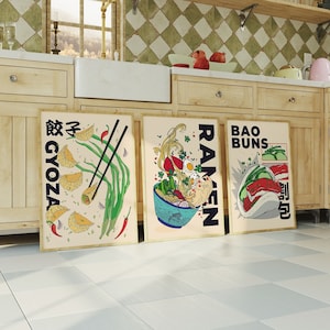 Set Of 3 Food Prints, Noodles, Asian Food Poster, Ramen, Gyoza, Kitchen Wall Art, Modern Home Decor, Japanese, Illustration, Bar Art