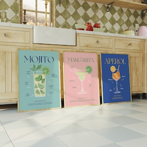 Juego de 3 impresiones de cócteles para pared, arte colorido para pared, decoración de bar, bebidas alcohólicas, moderno, divertido, póster de bebidas, juego de 3 obras de arte para la cocina