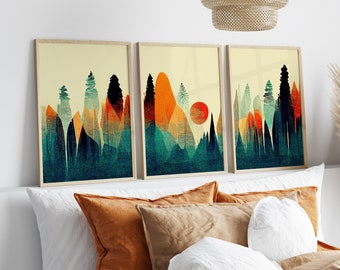 Set Of 3 Abstract Landscape Prints, Trees And Sun Poster, Minimalist Nature, Bedroom Wall Art, Modern Home Decor, Kitchen Art