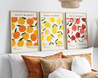 Set Of 3 Fruit Kitchen Prints, Citrus Wall Art, Colourful Fruit Market, Gallery Wall, Living Room/Bedroom/Dinning Room