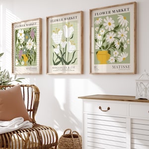 Henri Matisse Inspired Set Of 3 Flower Market Prints, Green And White, Floral, Kitchen Wall Art, Living Room, Modern, Botanical