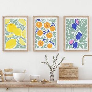 Lemon, Peach, and Pomegranate Kitchen Print Set of 3, Citrus Wall Art, Modern, Colourful Fruit Decor, Gallery Wall Art