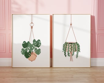 Set Of Two Macrame Hanging Plant Wall Art, Plant Botanical Prints | Gallery Wall | Living Room/ Abstract Art | A5/A4/A3/A2/A1/4x6/5x7