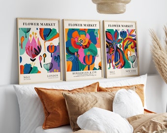 Set Of 3 Abstract Flower Market Prints, Colourful Floral Art, Gallery Wall, Living Room Posters/Bedroom/Kitchen