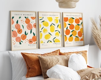 Set Of 3 Kitchen Fruit Prints, Orange, Peach, Lemon, Citrus Wall Art, Fruit Market, Gallery Wall, Living Room/Dinning Room