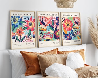 Set Of 3 Flower Market Prints, Colourful Plant Art, London, Paris, Berlin, Abstract, Gallery Wall Art, Floral, Living Room