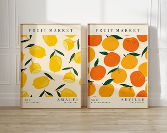 Set Of 2 Orange And Lemons Kitchen Prints, Fruit Gallery Wall Art, Colourful, Living Room, Citrus A5/A4/A3/A2/A1/4x6/5x7