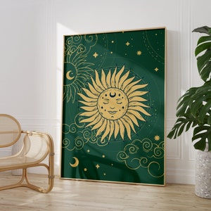 Green Sun And Stars Bohemian Print, Celestial Art, Gallery Wall, Boho, Living Room/ Bedroom/Kitchen, A5/A4/A3/A2/A1