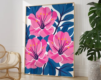 Rosa und blauer Blumendruck, Pflanzenposter, moderne Wandkunst, floral, bunt, Wohnzimmer, Schlafzimmer, Galeriewand