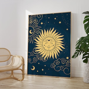 Blue sun and stars bohemian Wall Print, Sun Wall Print, Gallery Wall Prints, Living Room/ Bedroom/Kitchen Art | A5/A4/A3/A2/A1, Celestial