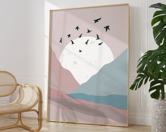 Pink Mountains and Birds Print, Boho, Neutral Colours, Gallery Wall, Living Room/ Bedroom/Kitchen art, A5/A4/A3/A2/A1