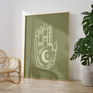 Green Boho hand Print, Celestial Wall Art, Palm Reading, Muted Print. Green Wall Art Living Room/ Bedroom/Kitchen Wall Art | A5/A4/A3/A2/A1