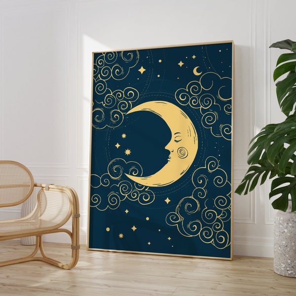 Blue moon and stars celestial wall art print, moon phase print, gallery wall prints, Living Room/ Bedroom/Kitchen Art | A5/A4/A3/A2/A1