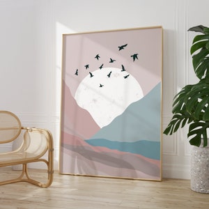 Pink Mountains and Birds Print, Boho, Neutral Colours, Gallery Wall, Living Room/ Bedroom/Kitchen art, A5/A4/A3/A2/A1