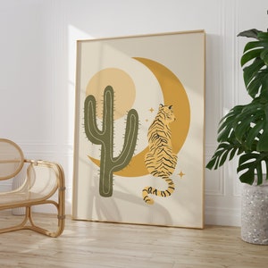Mond, Kaktus und Leopard Boho Print, Boho Wohnkultur, Tier Wandkunst, Celestial Poster, Wohnzimmer, Kinder, Schlafzimmer